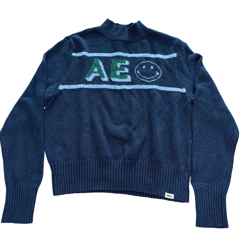 American Eagle Outfitters  Smiley Face Mock Neck Sweater Navy Blue Womens XL